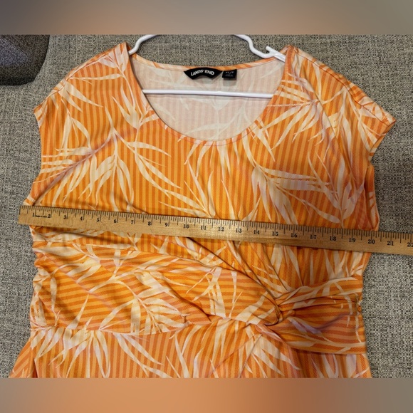 Lands’ End Women’s Faux Wrap Dress Coral Orange Tropical Stripe Print Sz XL/P 18 - Picture 8 of 12